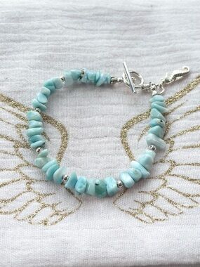Sterling Silver Larimar Chip Bead Bracelet with Seahorse Charm